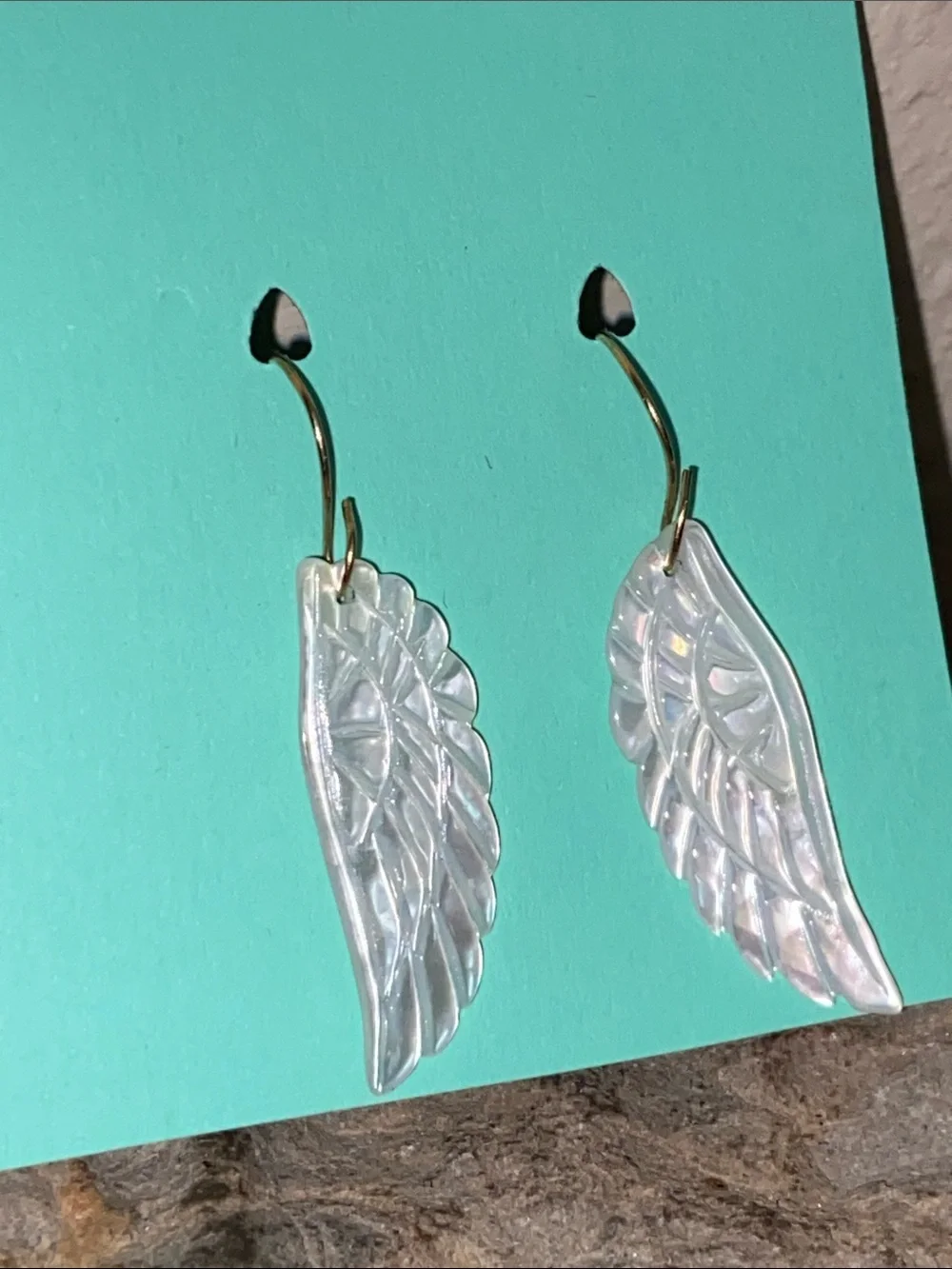 Vintage Carved Mother of Pearl Iridescent White Wings Drop French Hook Earring